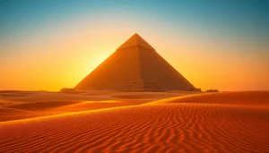 Discover the Great Pyramid of Giza at https://piraminds.com/ showcasing its majestic structure against a sunset.