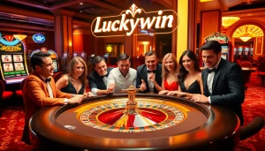 Experience the thrill of Luckywin at a vibrant casino table featuring roulette and engaged players.