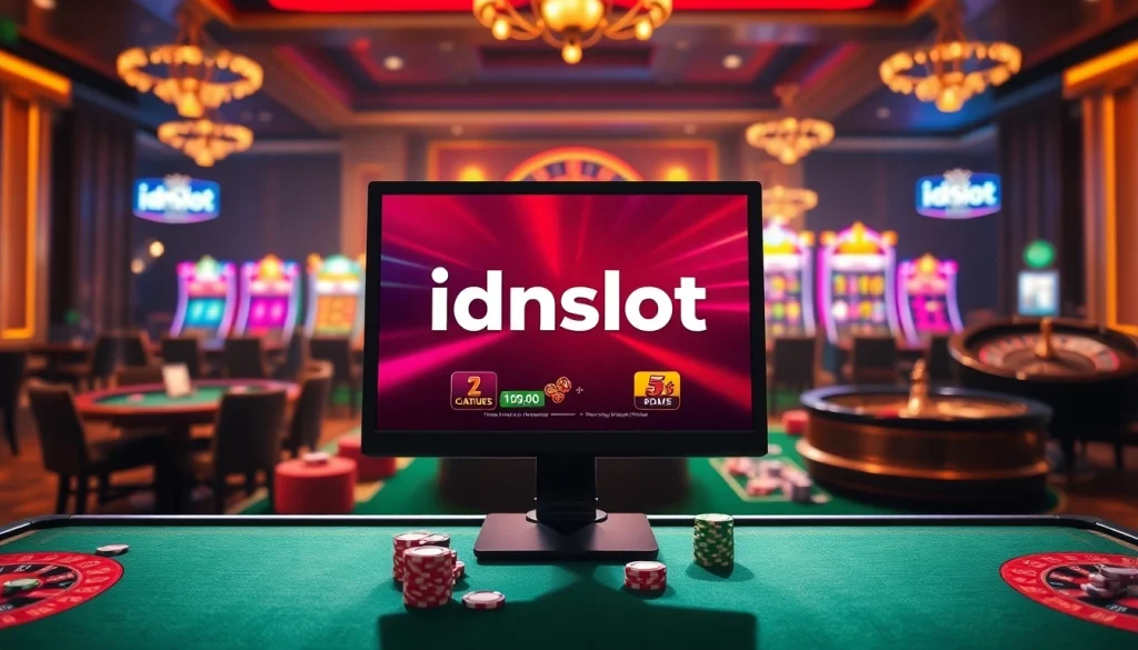 Engaging gamblers with idnslot interface amidst colorful poker chips and vibrant online slot machines.
