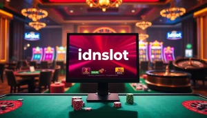 Engaging gamblers with idnslot interface amidst colorful poker chips and vibrant online slot machines.