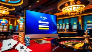 Login to Onicplay with excitement, showcasing vibrant casino elements like poker chips and cards.