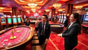 Players enjoying a thrilling gaming experience at bk8thai online casino, with vibrant tables and poker chips.