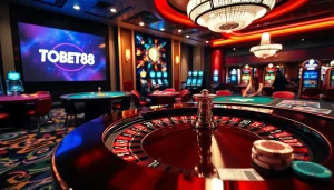 Players engaging in high-stakes poker at TOBET88 in a luxurious casino environment.