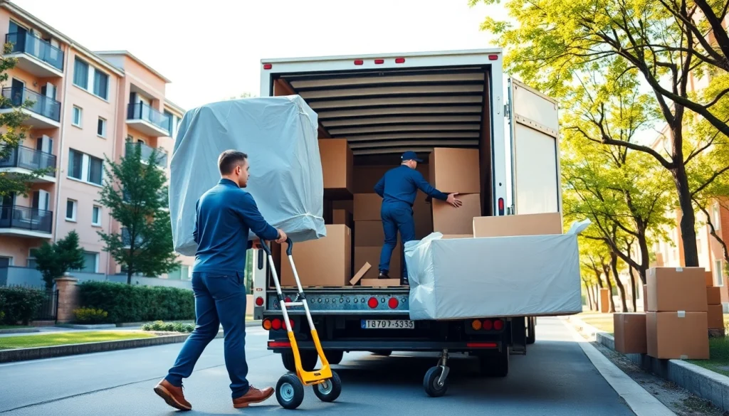 Umzugsfirma loading furniture into a truck in an urban environment, ensuring a smooth move.