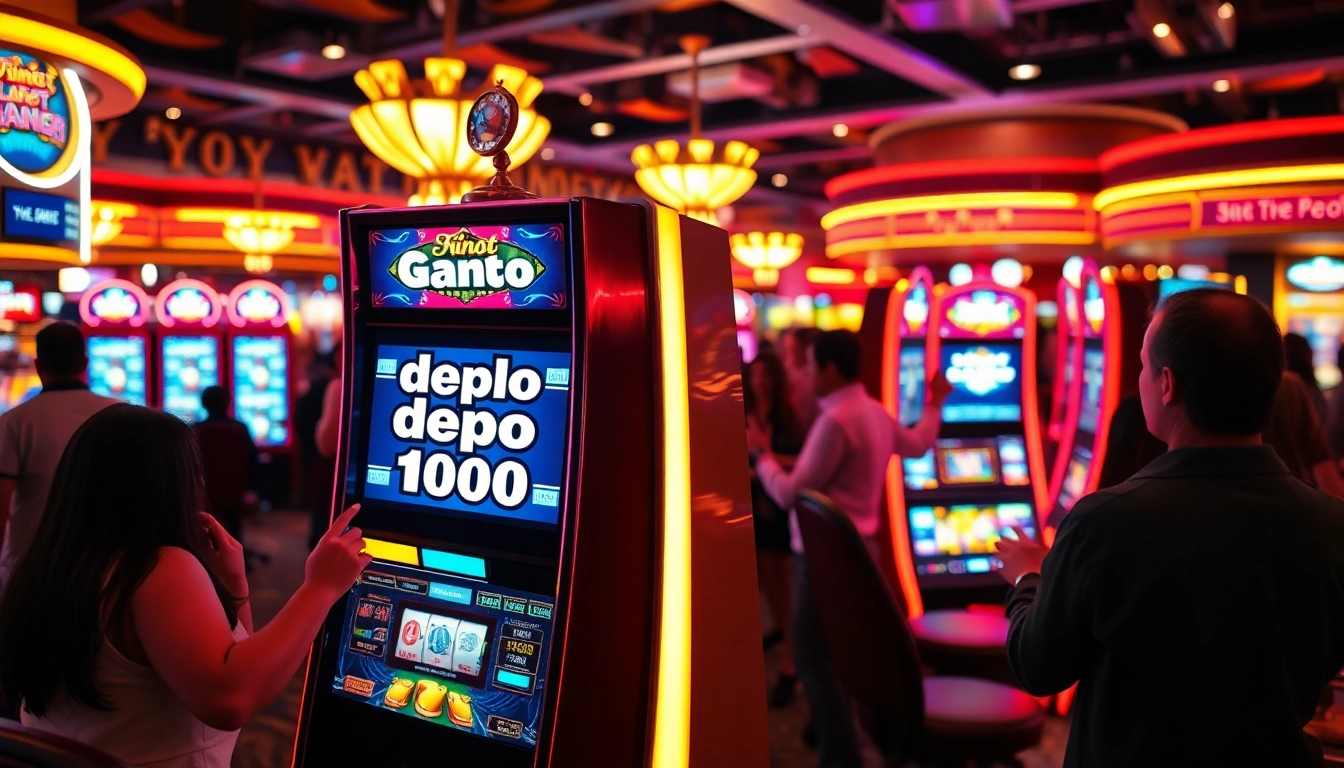 Main display featuring slot depo 1000 amidst an exciting casino environment, capturing players’ joy.