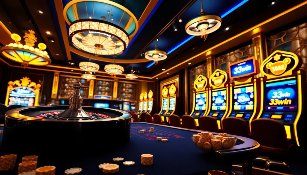 Experience the thrill of gaming with 33win's luxurious casino atmosphere featuring vibrant roulette.