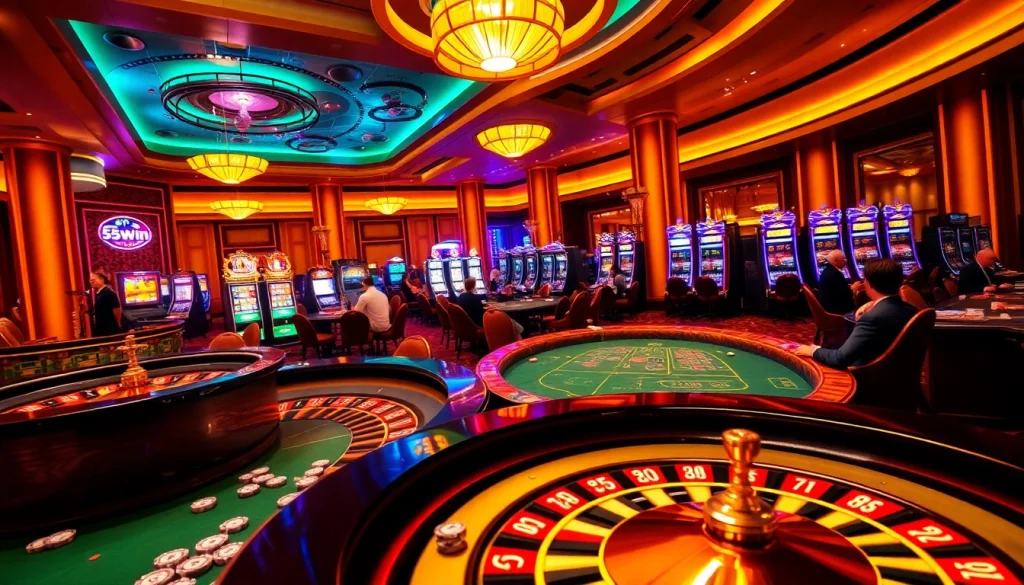 Experience thrilling gaming with 555win at a vibrant casino featuring roulette and poker.
