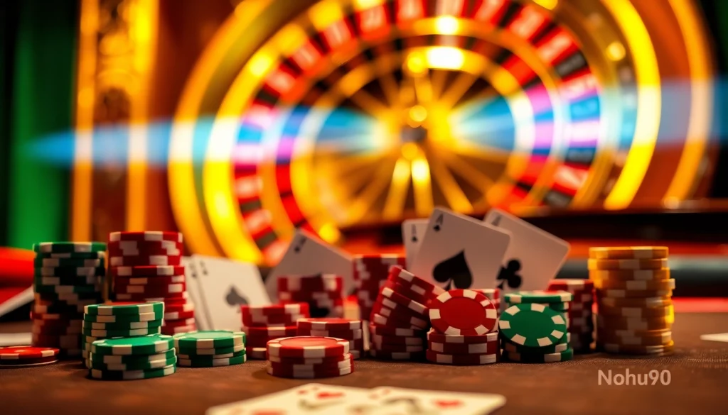 Nohu90 poker chips stacked on a luxury casino table, highlighting an exciting gaming atmosphere.
