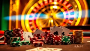 Nohu90 poker chips stacked on a luxury casino table, highlighting an exciting gaming atmosphere.