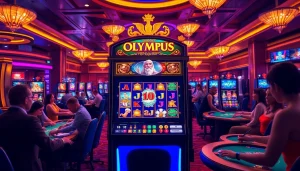 Excited players spin the Olympus slot machine for thrilling wins in a vibrant casino.