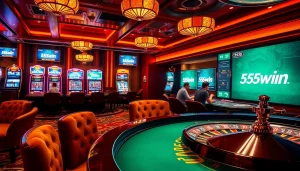 Experience the thrill of winning at 555win, featuring elegant casino tables and vibrant slot machines.