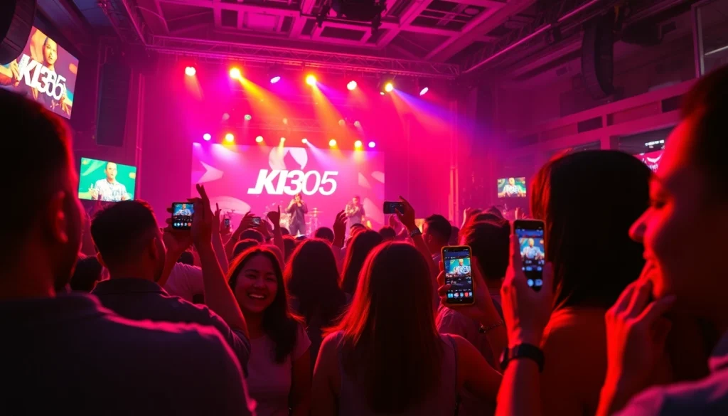 An engaging entertainment scene showcasing KJC365 with diverse attendees enjoying live performances, vibrant colors, and soft lighting.