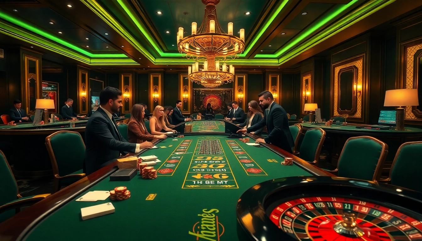 Experience thrilling gameplay at Thabet77 casino with a vibrant gambling scene featuring players and dealers.