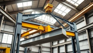 Double girder bridge crane lifting heavy materials in an industrial warehouse.