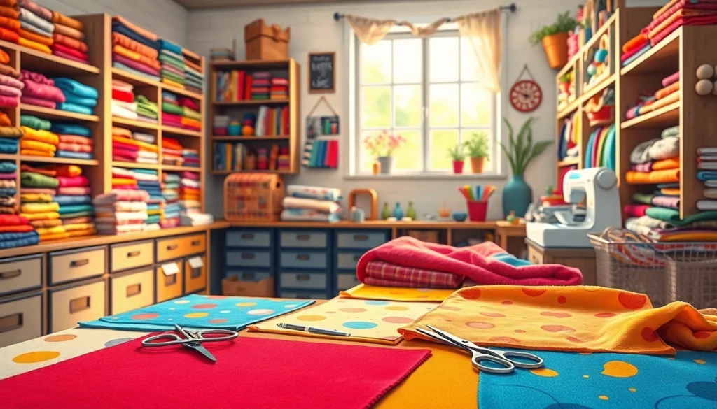 Bekijk diverse fleece prints met levendige kleuren en unieke patronen in een gezellige creatieve omgeving.