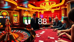 Play exciting casino games at u888 with vibrant roulette wheels, slots, and poker tables.