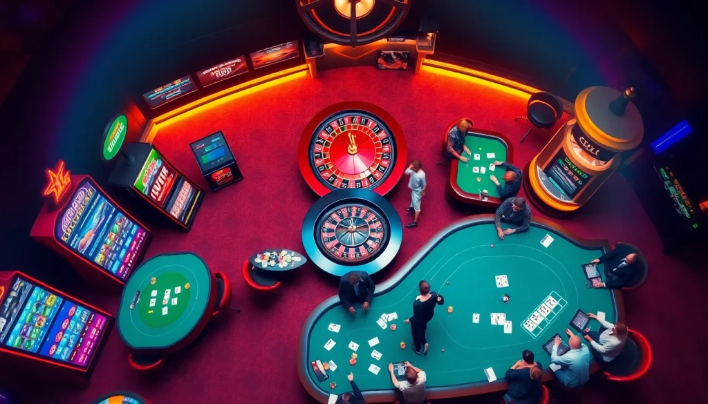 Engage with thrilling games at thabethome.com, featuring vibrant slot machines and a luxurious casino setting.