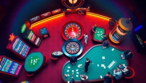 Engage with thrilling games at thabethome.com, featuring vibrant slot machines and a luxurious casino setting.