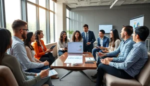 Visualize sales opportunities by industry with a diverse team strategizing in a modern office.