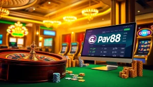 Gopay88 Daftar showcasing an engaging online casino environment with vibrant roulette wheels and poker chips.