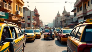 Haridwar Taxi Service showcasing vibrant taxis and friendly drivers in a bustling street scene.