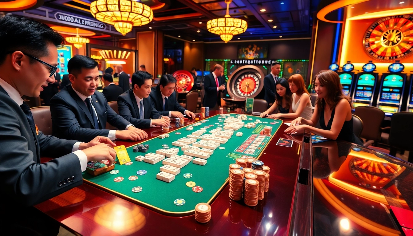 Permainan Link Mahjong yang menarik dengan pemain di meja kasino yang penuh ubin dan chip berwarna-warni.