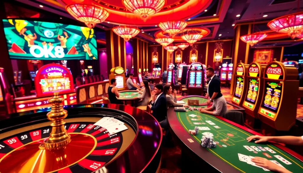 A thrilling moment at OK88 casino showcasing vibrant gaming elements like roulette, cards, and slot machines.