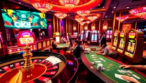 A thrilling moment at OK88 casino showcasing vibrant gaming elements like roulette, cards, and slot machines.