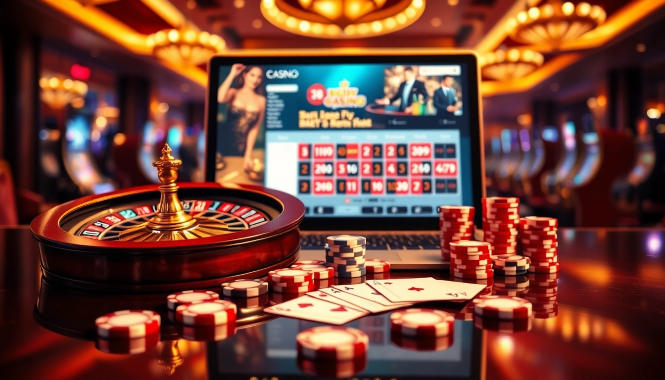 Une scène vibrante représentant un site de casino en ligne avec des éléments de jeu luxueux comme des roues de roulette et des jetons de poker.