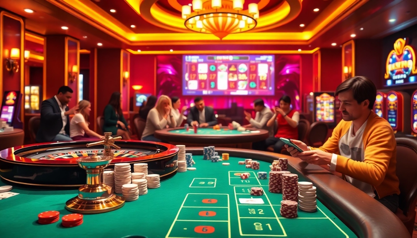 Scène virtuelle excitante d'un site de casino en ligne featuring roulette, poker et machines à sous.