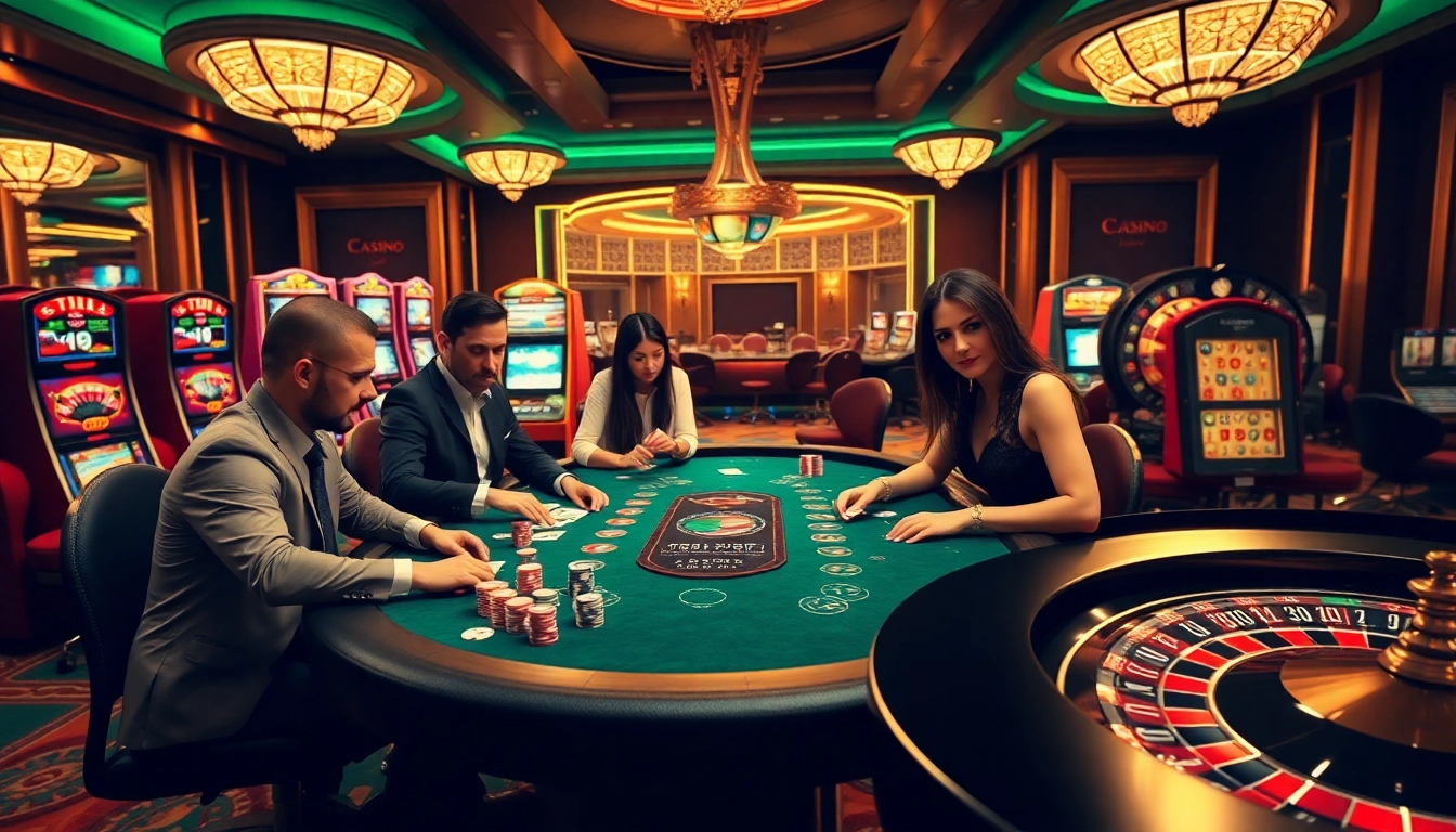 Joueurs profitant du poker à enjeux élevés sur un site de casino en ligne avec des machines à sous vibrantes.