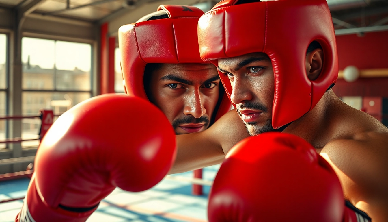 Aktiver Boxer in headgear boxing zeigt Konzentration im Training.