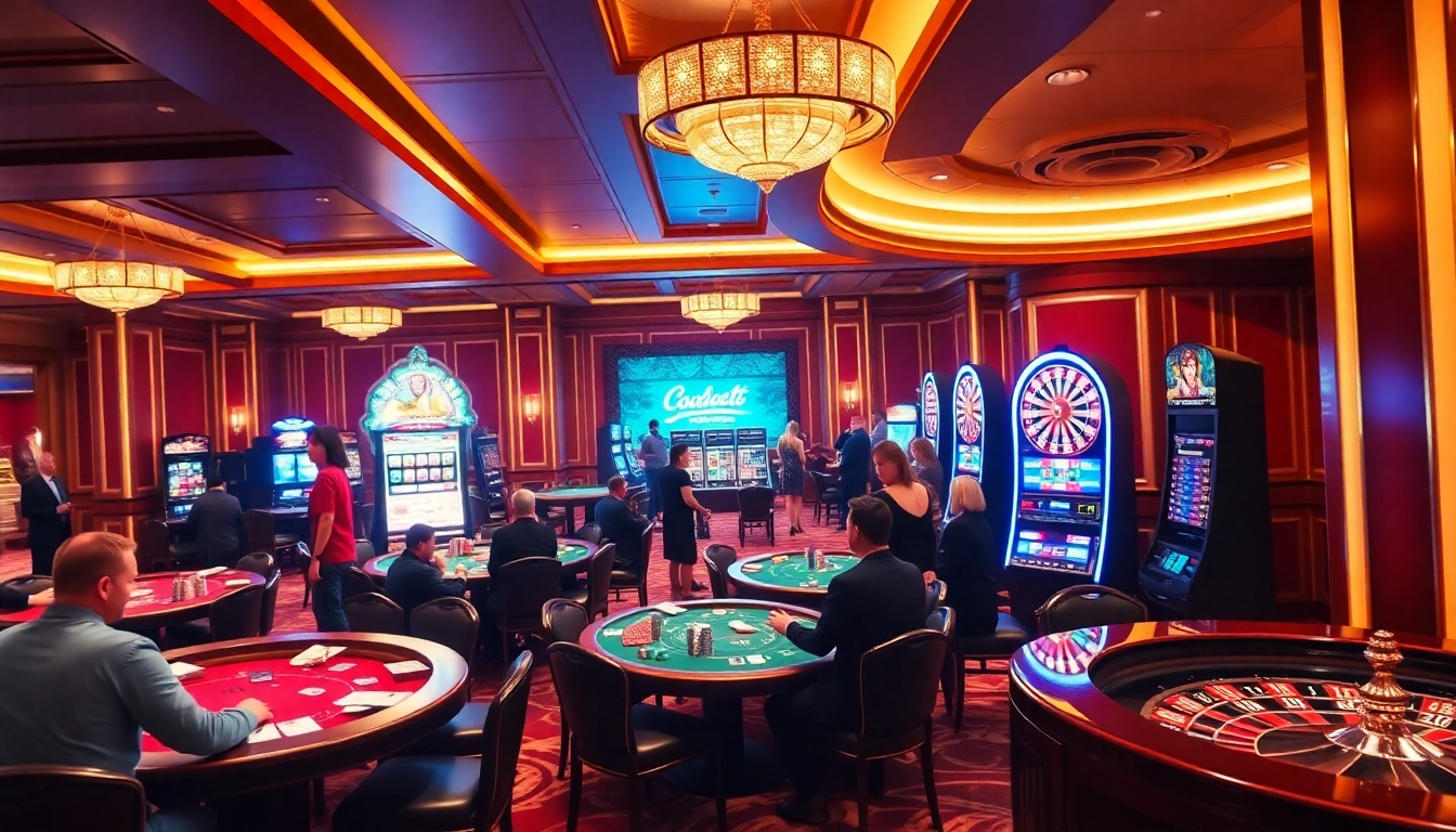Découvrez le frisson d'un site de casino en ligne avec des joueurs profitant de jeux luxueux à des tables élégantes.