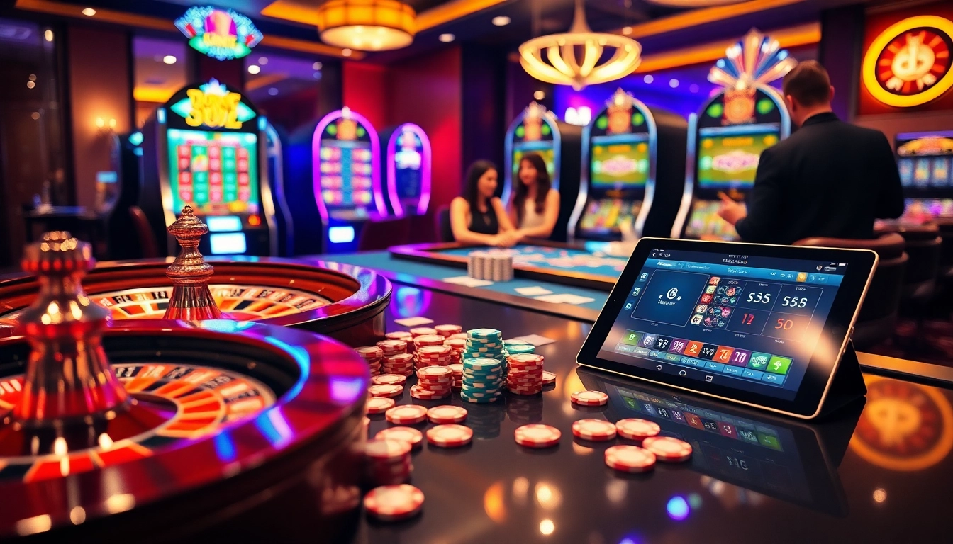 Scène passionnante de site de casino en ligne avec des roues de roulette, des jetons de poker et des machines à sous vibrantes.