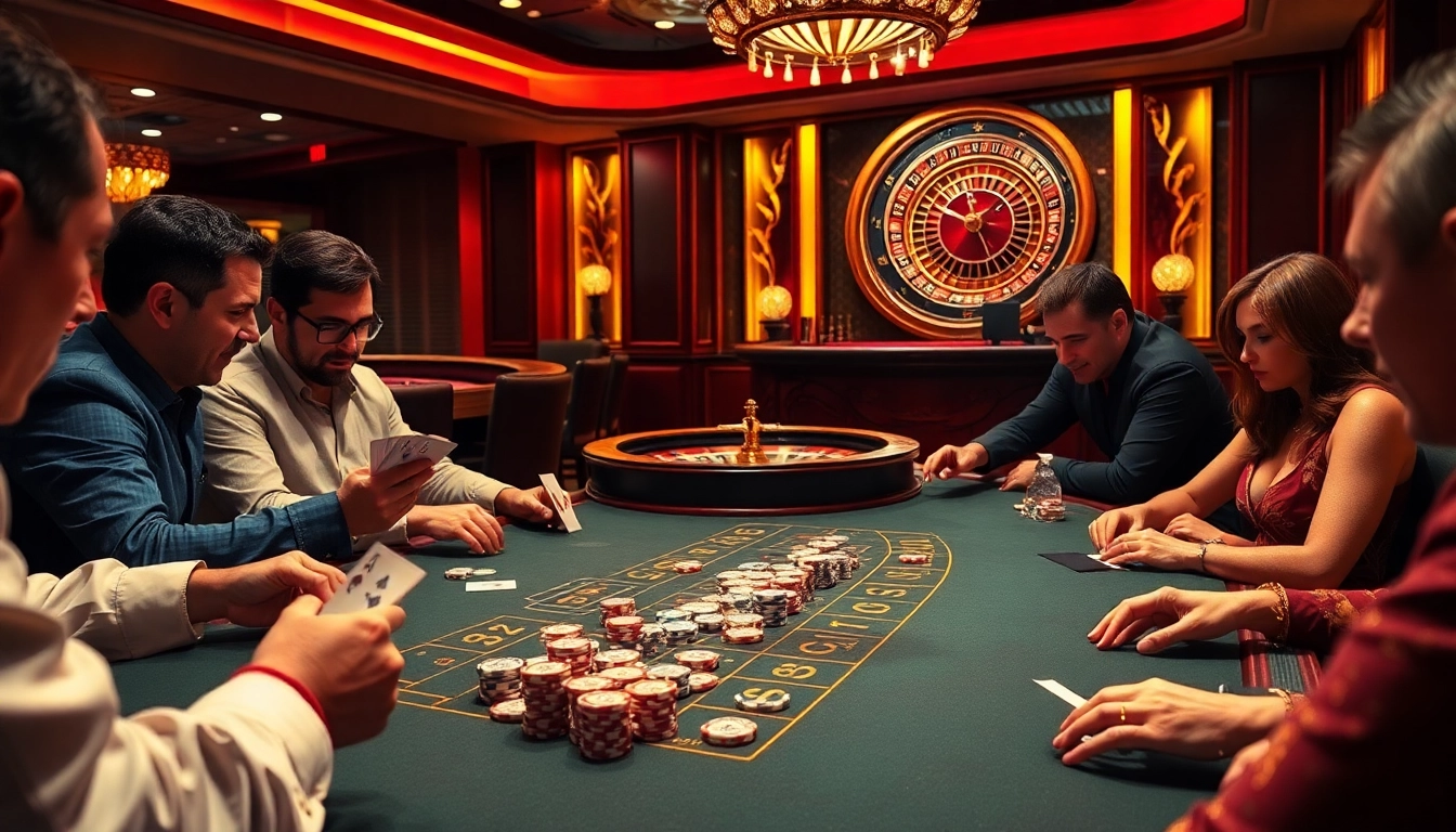 Des joueurs engagés élaborant des stratégies autour d'une table de blackjack dans un site de casino en ligne dynamique.