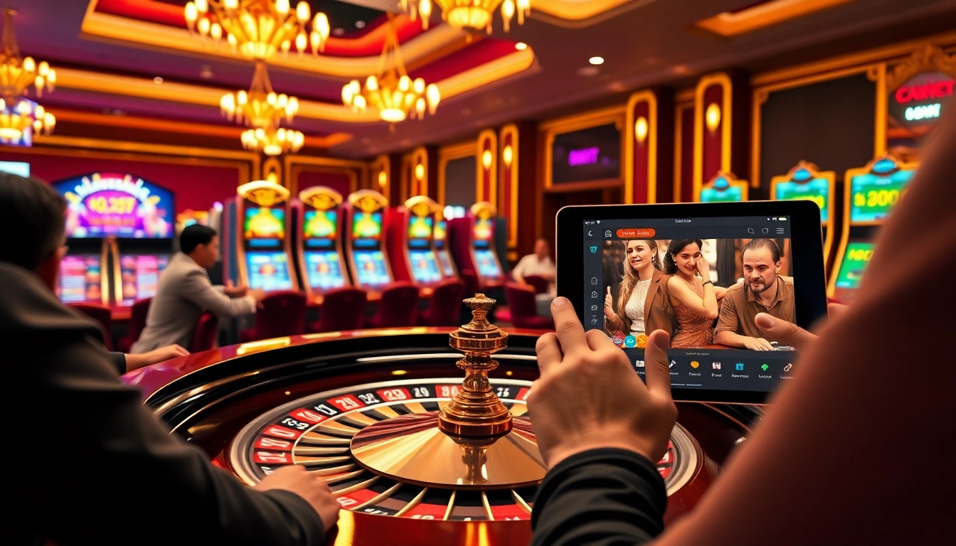 Adegan perjudian yang memikat menampilkan Togelsumo dengan pemain bersemangat di meja roulette dan mesin slot yang berwarna-warni.