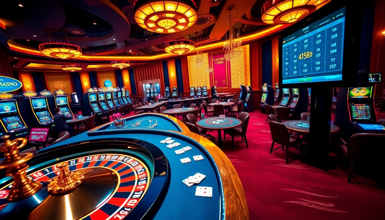 Atmosphère excitante d'un site de casino en ligne avec table de roulette, action au poker et machines à sous.