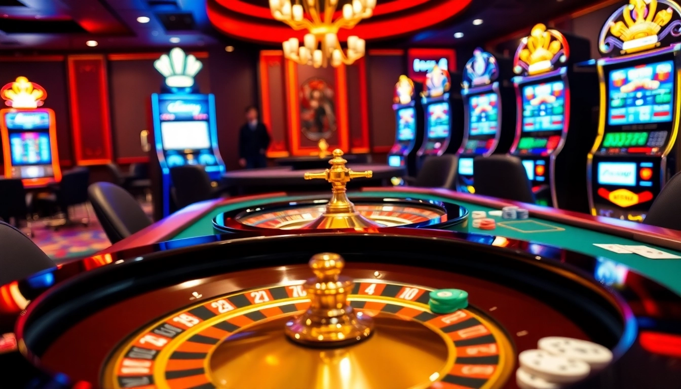 Scène de casino engageante mettant en avant le poker à enjeux élevés et la roulette sur un site de casino en ligne.