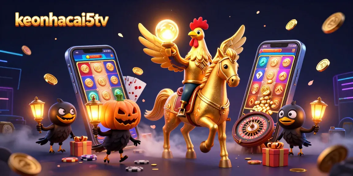 Experience keonhacai5tv excitement with a golden rooster riding through a vibrant casino.