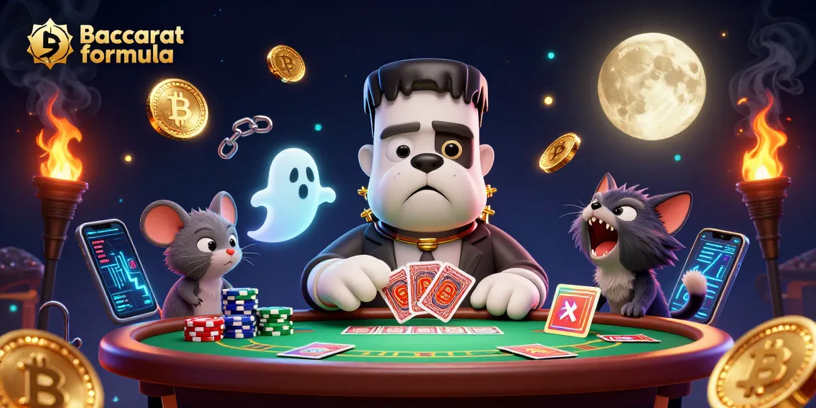 Engage with the Baccarat formula in a lively casino scene featuring a Frankenstein bulldog dealer and ghostly elements.