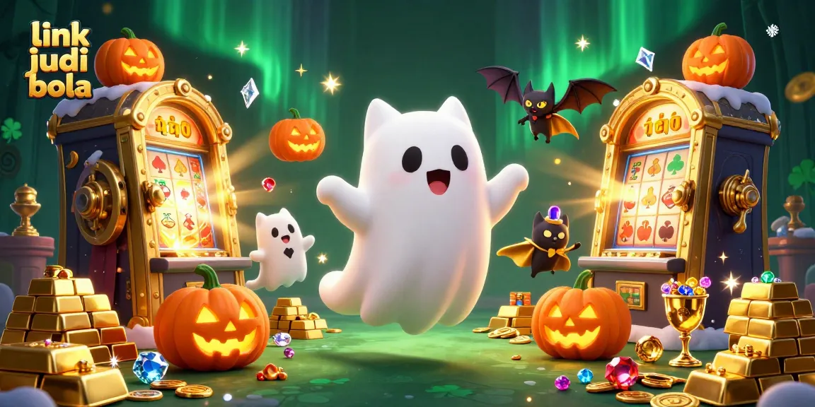 Engage in link judi bola with an enchanting scene featuring a ghost cat, bat, and glowing jack-o-lanterns in a bustling casino.