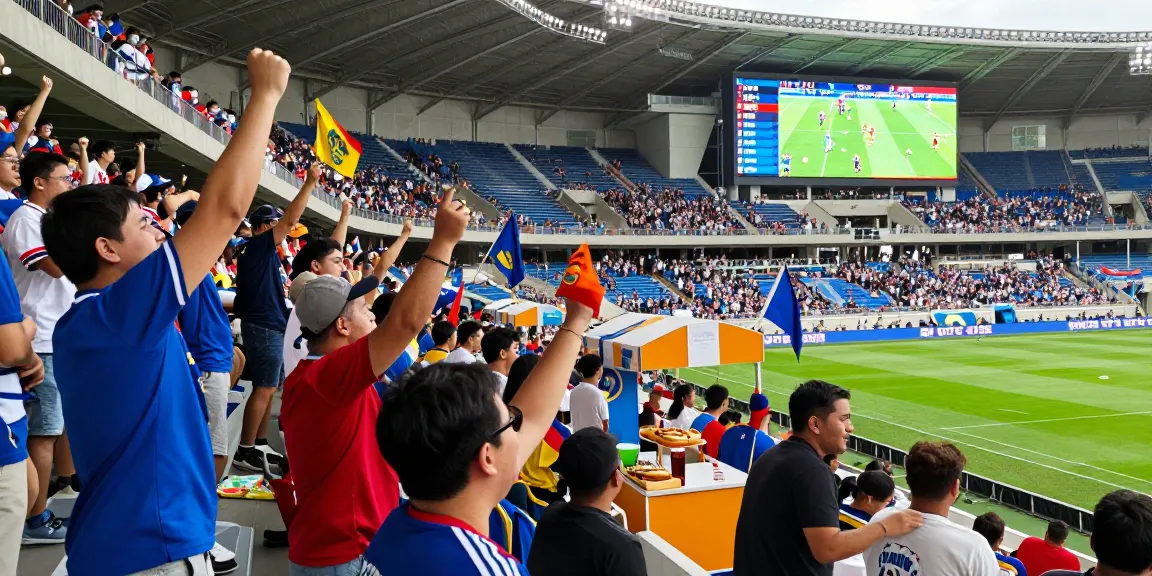 Excited fans at a sports stadium celebrating a kora live match, showcasing team spirit and vibrant atmosphere.