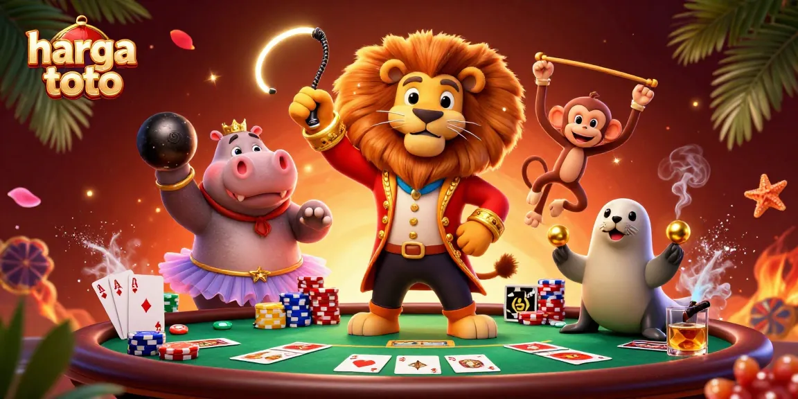 Experience exhilarating games on harga toto, featuring vibrant circus characters and poker excitement.