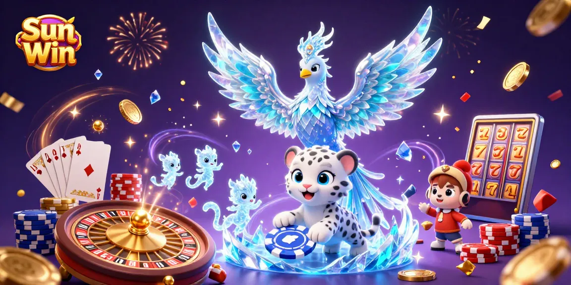 Experience epic wins at Sun Win with vibrant casino elements and enchanting characters dancing joyfully.