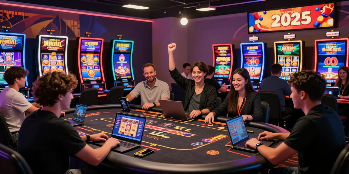 Exciting atmosphere of new online casinos UK featuring diverse players engaging in live dealer games and colorful slot displays.