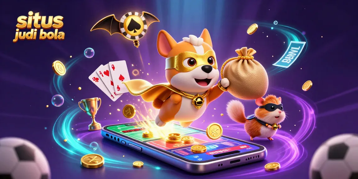 Situs judi bola sports betting action with a superhero dog and sidekick amidst colorful game elements.